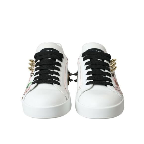Dolce & Gabbana White Leather Crystal Roses Floral Sneakers Women's Shoes - Picture 2 of 6